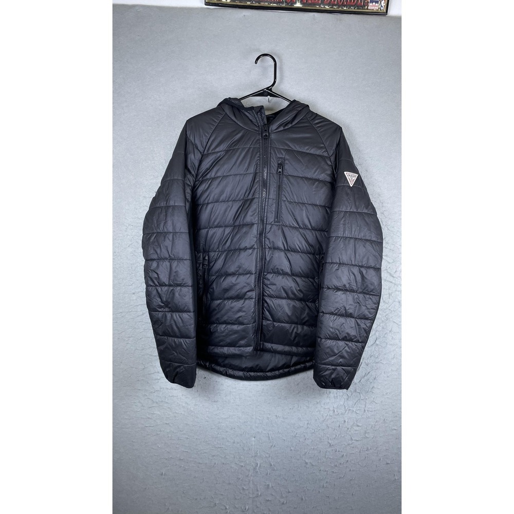 Guess‎ Jacket Mens Medium Black Hooded Quilted Puffer Full Zip Insulated Logo